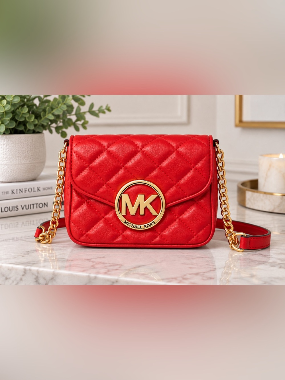 Michael Kors Red Quilted Crossbody Gold Chain MK Logo Y2K Mini Flap Purse